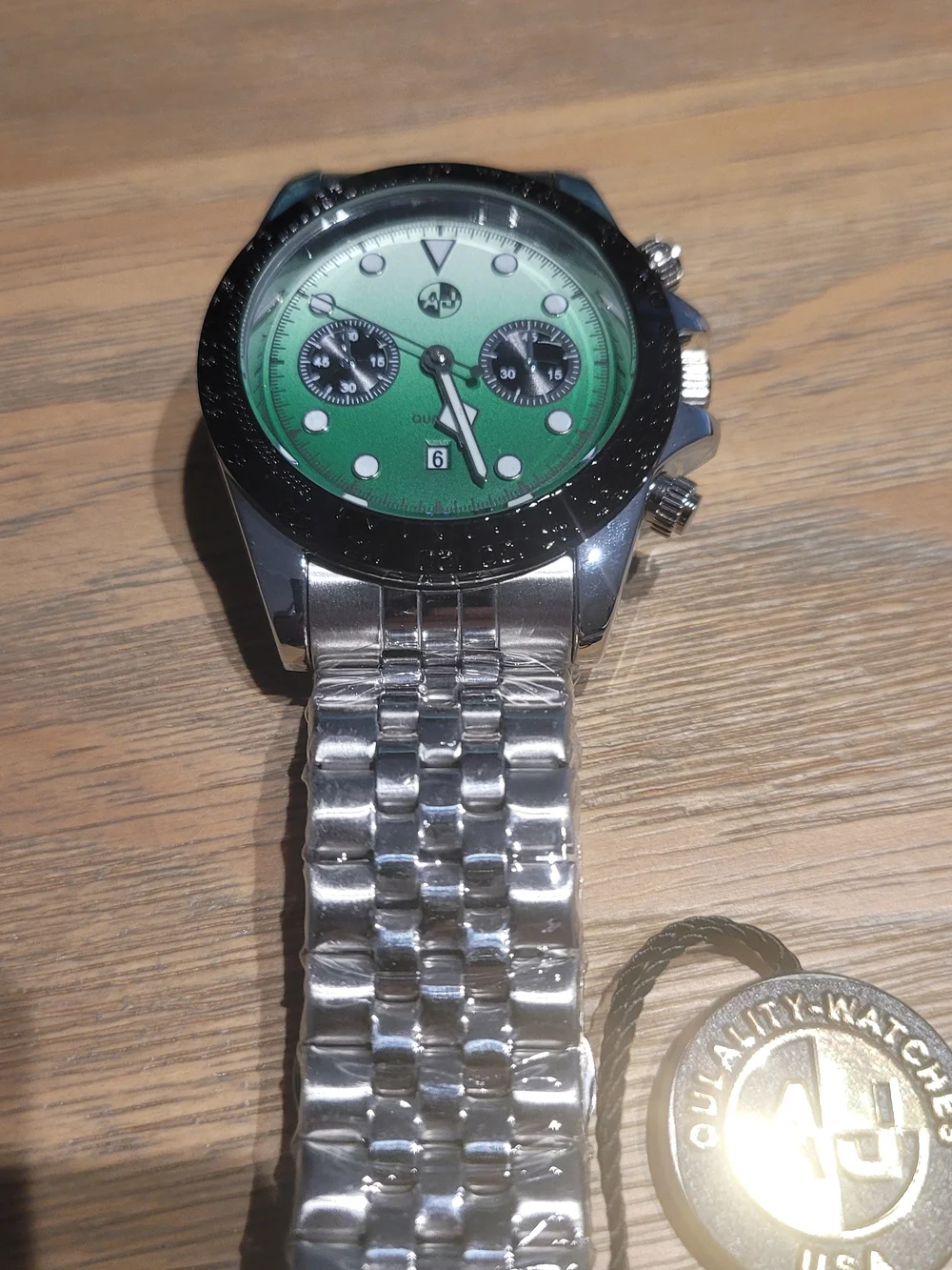 A J Stainless Steel Chronograph Watch with Green Dial